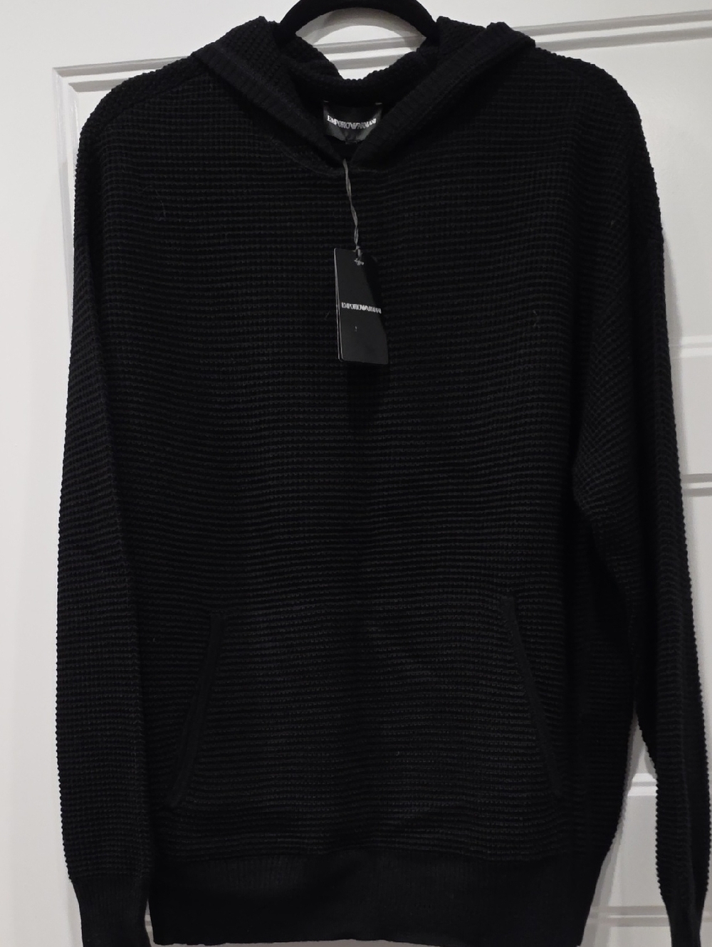 Emporio Armani Black Waffle-Knit Crewneck Hoodie Sweater